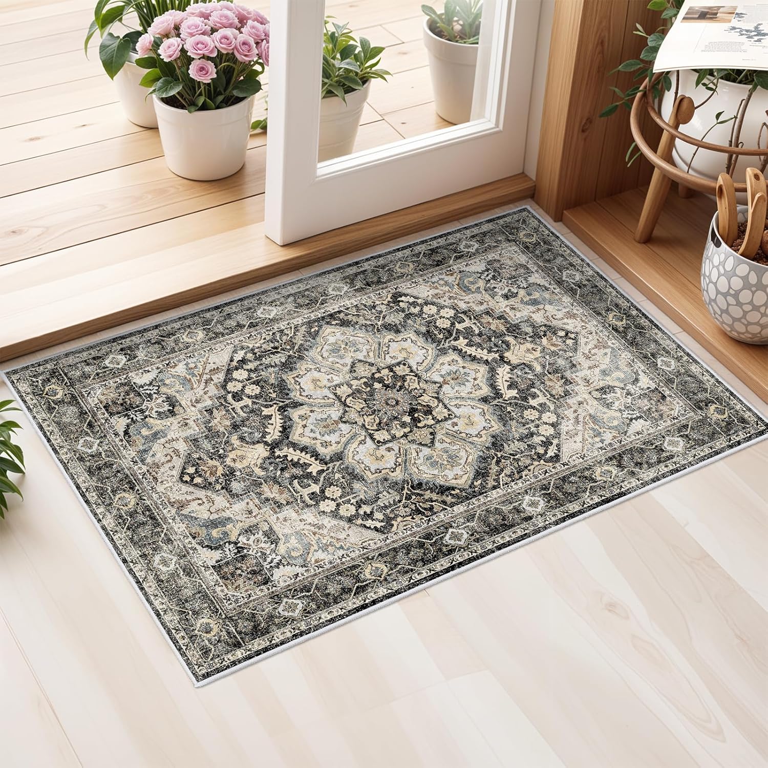 Washable Oriental Area Rug - 9x12 Rugs for Living Room Soft Carpet for Bedroom Waterproof Floral Distressed Indoor Stain Resistant Non-Shedding Floor Carpets (Green, 9x12)