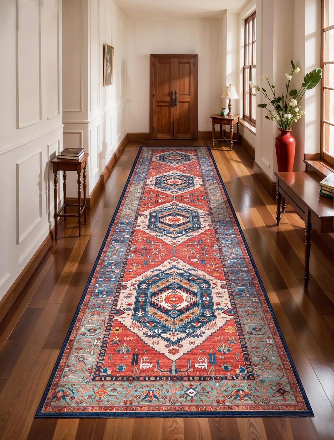 SERISSA Washable Rugs 8x10 Area Rugs, Large Non-Slip Boho Living Room Rust Rug, Ultra Soft Vintage Print Distressed Oriental Tribal Farmhouse Carpet for Dining Room Bedroom Dorm Office Home Decor