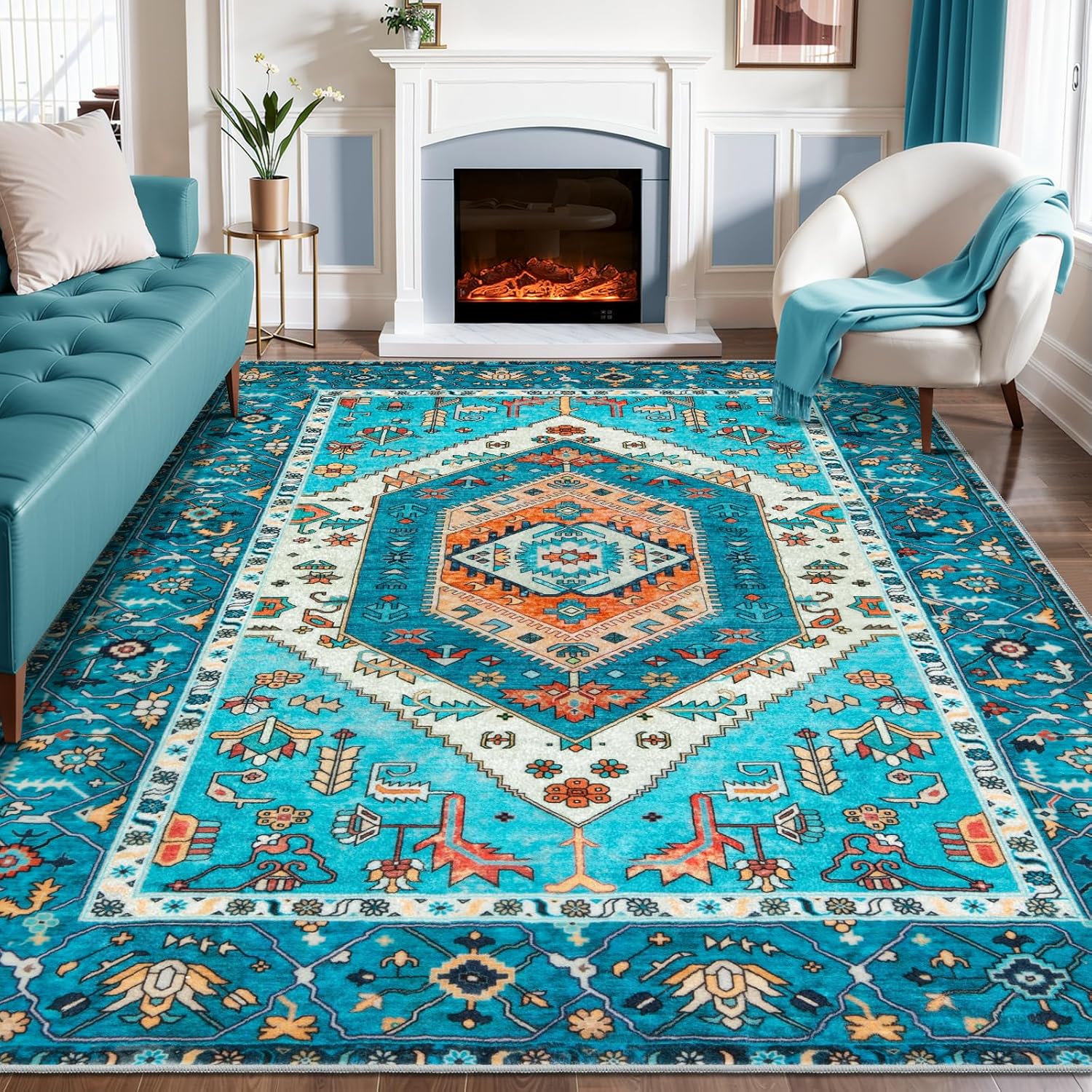 SERISSA Washable Rugs 8x10 Area Rugs, Large Non-Slip Boho Living Room Rust Rug, Ultra Soft Vintage Print Distressed Oriental Tribal Farmhouse Carpet for Dining Room Bedroom Dorm Office Home Decor