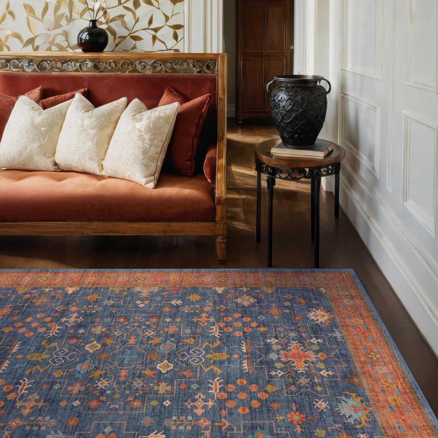 Black Farmhouse Washable 8x10 Area Rugs for Living Room, Bedroom, Dining Room Kitchen Table Rug for Under Table, Office, Dark Charcoal Tumble Stain Resistant Non-Slip Large Washable (8x10 Black/Multi)