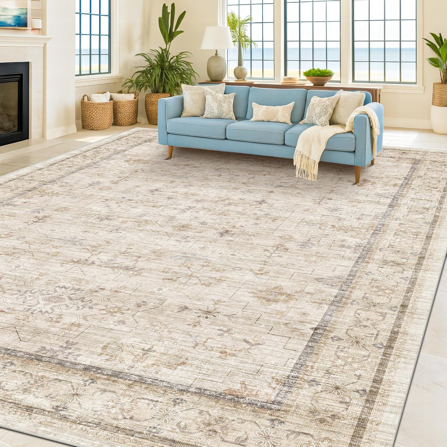 Black Farmhouse Washable 8x10 Area Rugs for Living Room, Bedroom, Dining Room Kitchen Table Rug for Under Table, Office, Dark Charcoal Tumble Stain Resistant Non-Slip Large Washable (8x10 Black/Multi)