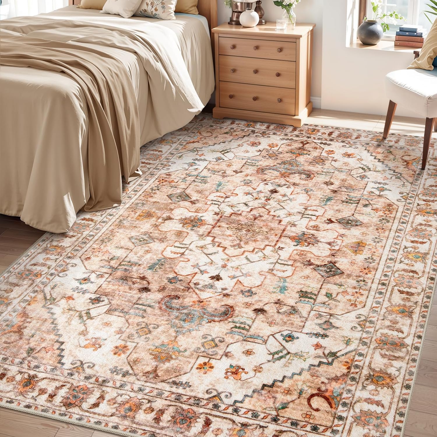 SERISSA Washable Rugs 8x10 Area Rugs, Large Non-Slip Boho Living Room Rust Rug, Ultra Soft Vintage Print Distressed Oriental Tribal Farmhouse Carpet for Dining Room Bedroom Dorm Office Home Decor