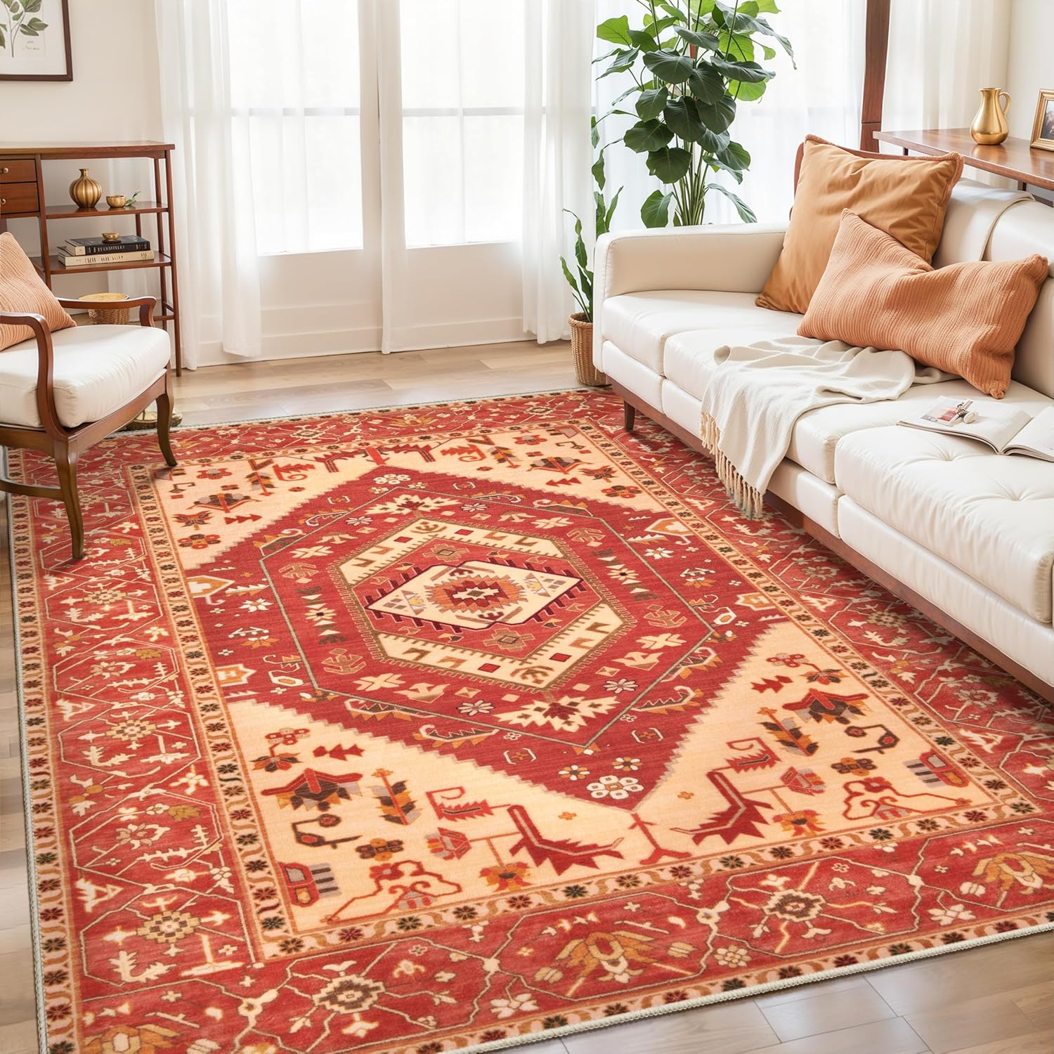 SERISSA Washable Rugs 8x10 Area Rugs, Large Non-Slip Boho Living Room Rust Rug, Ultra Soft Vintage Print Distressed Oriental Tribal Farmhouse Carpet for Dining Room Bedroom Dorm Office Home Decor