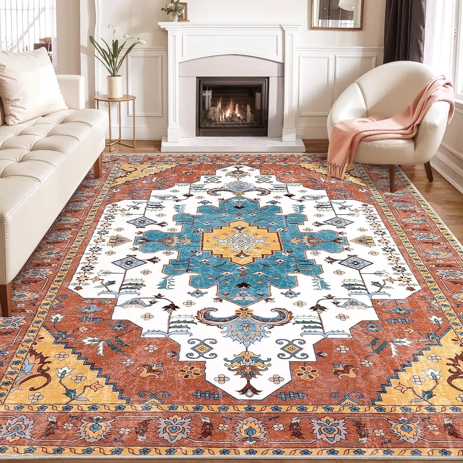 SERISSA Washable Rugs 8x10 Area Rugs, Large Non-Slip Boho Living Room Rust Rug, Ultra Soft Vintage Print Distressed Oriental Tribal Farmhouse Carpet for Dining Room Bedroom Dorm Office Home Decor