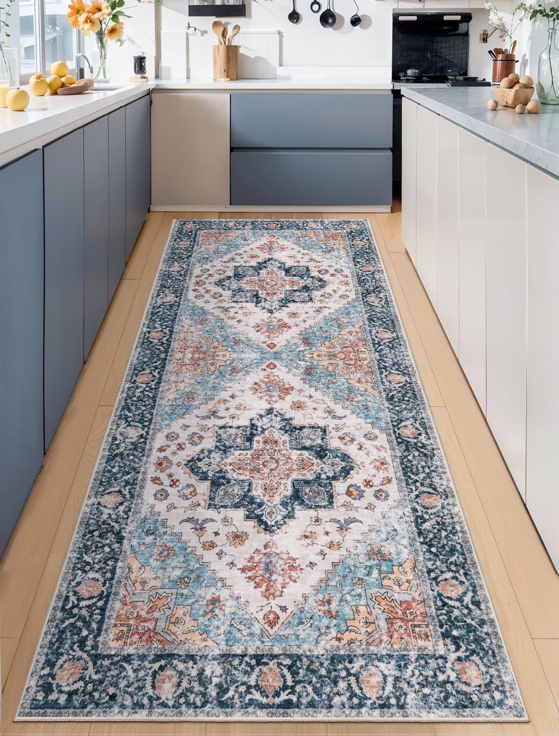 SERISSA Washable Rugs 8x10 Area Rugs, Large Non-Slip Boho Living Room Rust Rug, Ultra Soft Vintage Print Distressed Oriental Tribal Farmhouse Carpet for Dining Room Bedroom Dorm Office Home Decor