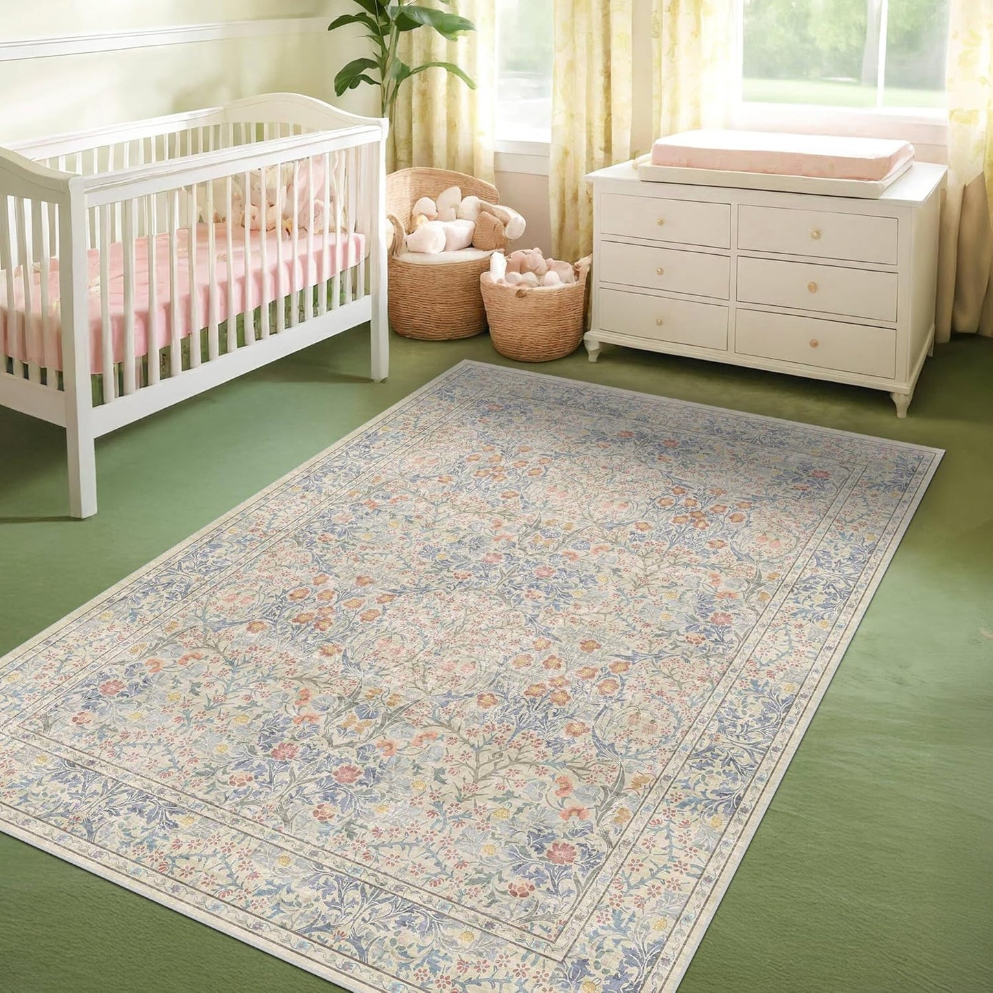 Vintage Dark Green Living Room Rug, 8x10 Washable Area Rugs for Dining Room Under Kitchen Table, Bedroom, Oriental Low Pile Stain Resistant Non-Slip Large Carpet (8x10 Dark Green)