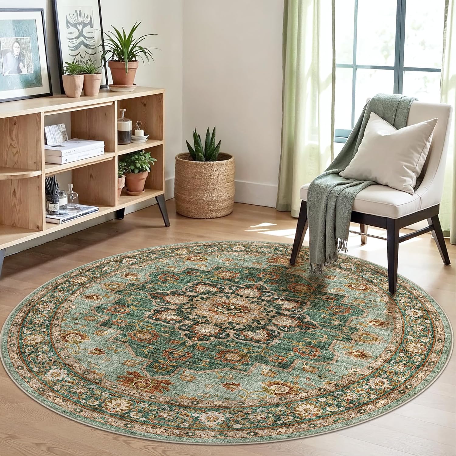Washable Oriental Area Rug - 9x12 Rugs for Living Room Soft Carpet for Bedroom Waterproof Floral Distressed Indoor Stain Resistant Non-Shedding Floor Carpets (Green, 9x12)