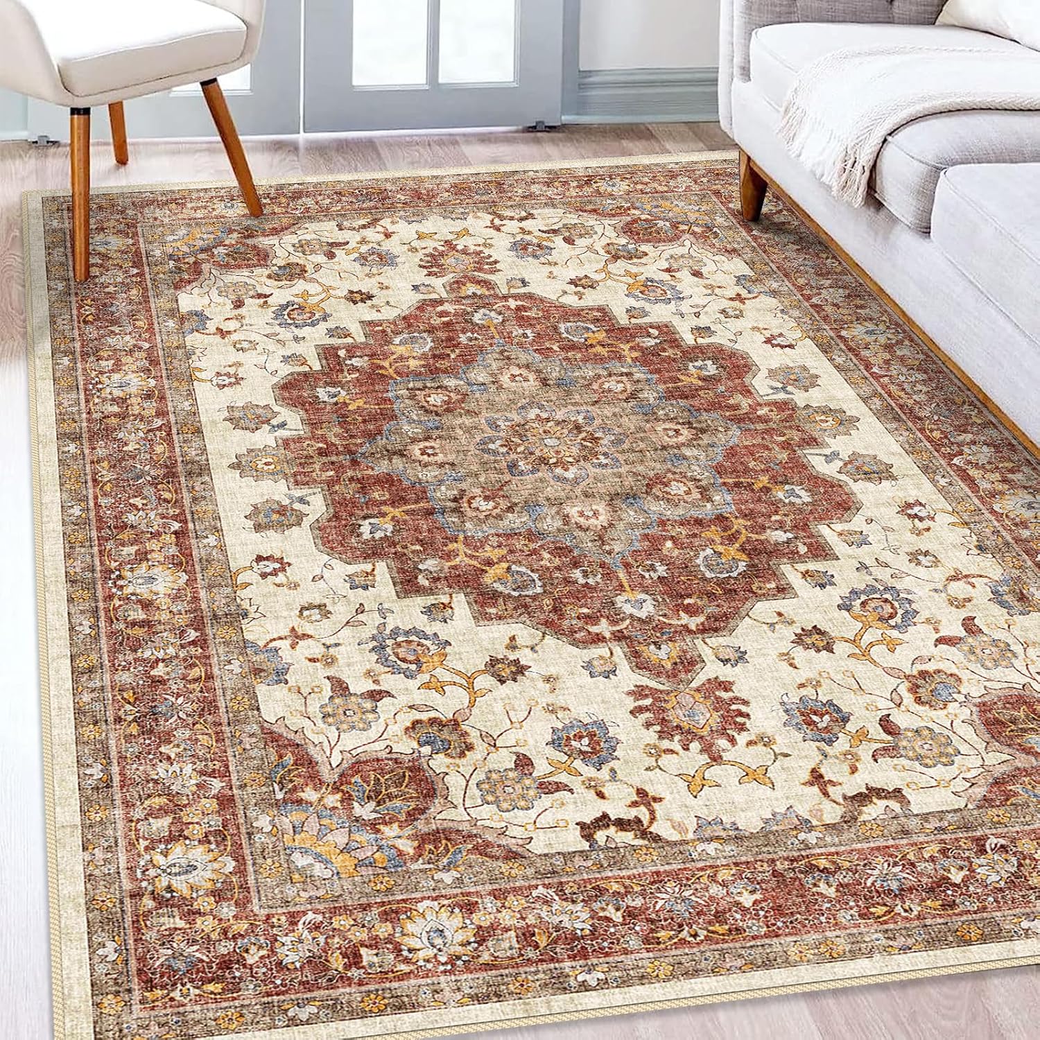 Washable Oriental Area Rug - 9x12 Rugs for Living Room Soft Carpet for Bedroom Waterproof Floral Distressed Indoor Stain Resistant Non-Shedding Floor Carpets (Green, 9x12)