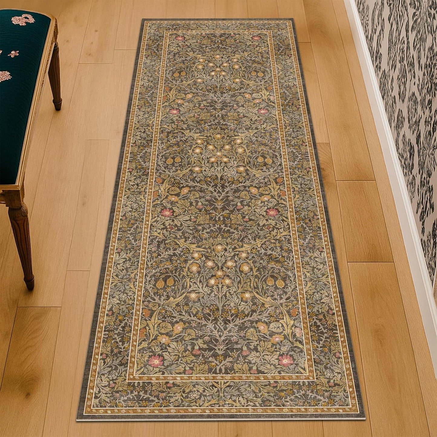 Vintage Dark Green Living Room Rug, 8x10 Washable Area Rugs for Dining Room Under Kitchen Table, Bedroom, Oriental Low Pile Stain Resistant Non-Slip Large Carpet (8x10 Dark Green)