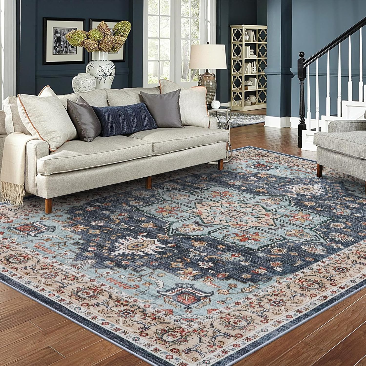 Washable Oriental Area Rug - 9x12 Rugs for Living Room Soft Carpet for Bedroom Waterproof Floral Distressed Indoor Stain Resistant Non-Shedding Floor Carpets (Green, 9x12)