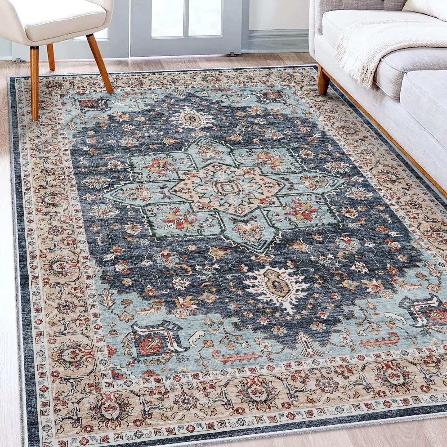 Washable Oriental Area Rug - 9x12 Rugs for Living Room Soft Carpet for Bedroom Waterproof Floral Distressed Indoor Stain Resistant Non-Shedding Floor Carpets (Green, 9x12)