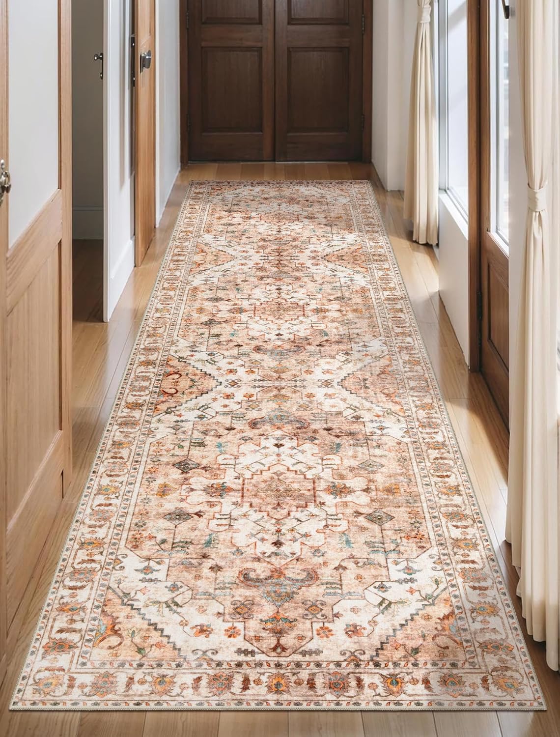 SERISSA Washable Rugs 8x10 Area Rugs, Large Non-Slip Boho Living Room Rust Rug, Ultra Soft Vintage Print Distressed Oriental Tribal Farmhouse Carpet for Dining Room Bedroom Dorm Office Home Decor