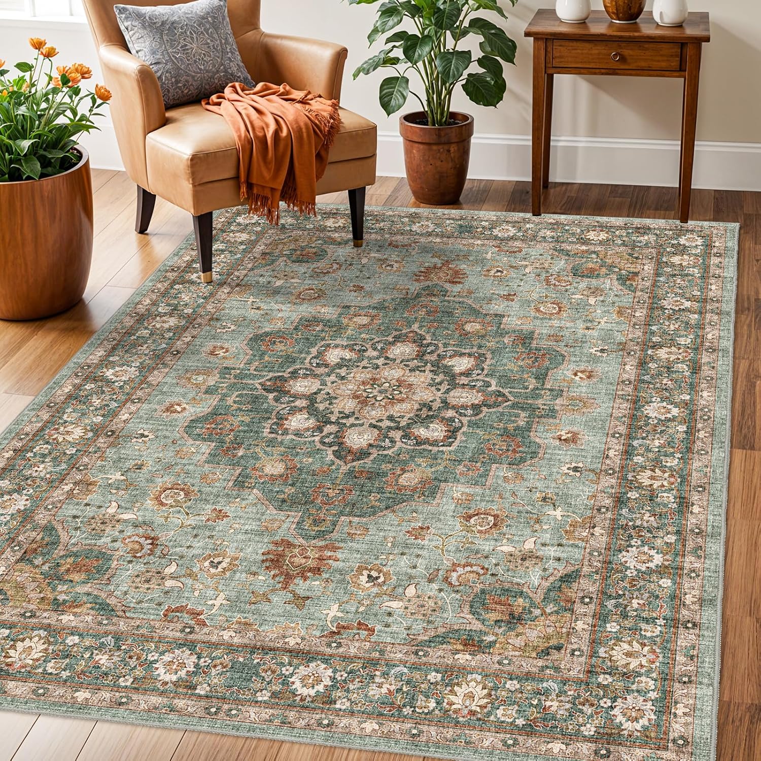 Washable Oriental Area Rug - 9x12 Rugs for Living Room Soft Carpet for Bedroom Waterproof Floral Distressed Indoor Stain Resistant Non-Shedding Floor Carpets (Green, 9x12)