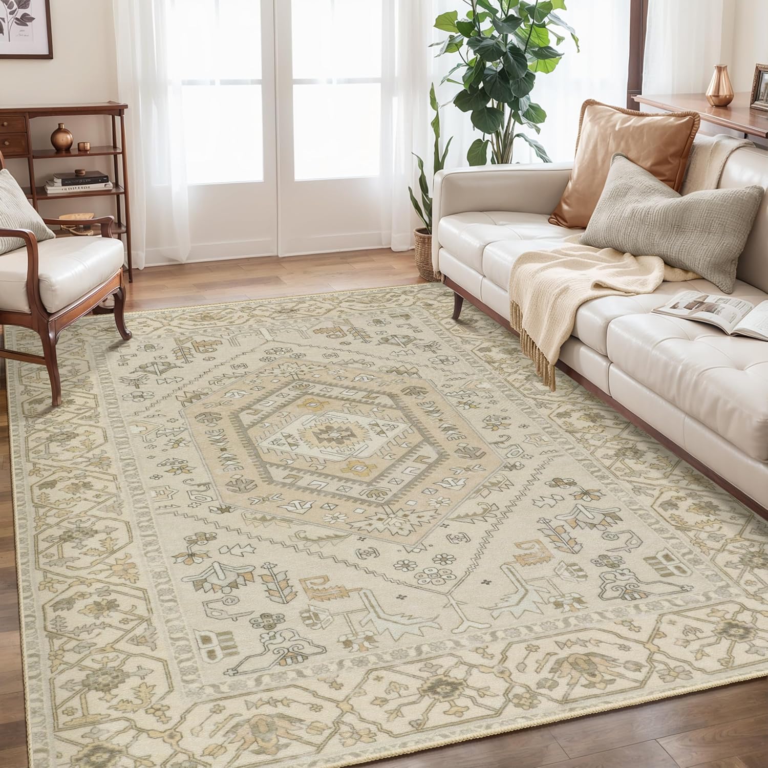 SERISSA Washable Rugs 8x10 Area Rugs, Large Non-Slip Boho Living Room Rust Rug, Ultra Soft Vintage Print Distressed Oriental Tribal Farmhouse Carpet for Dining Room Bedroom Dorm Office Home Decor