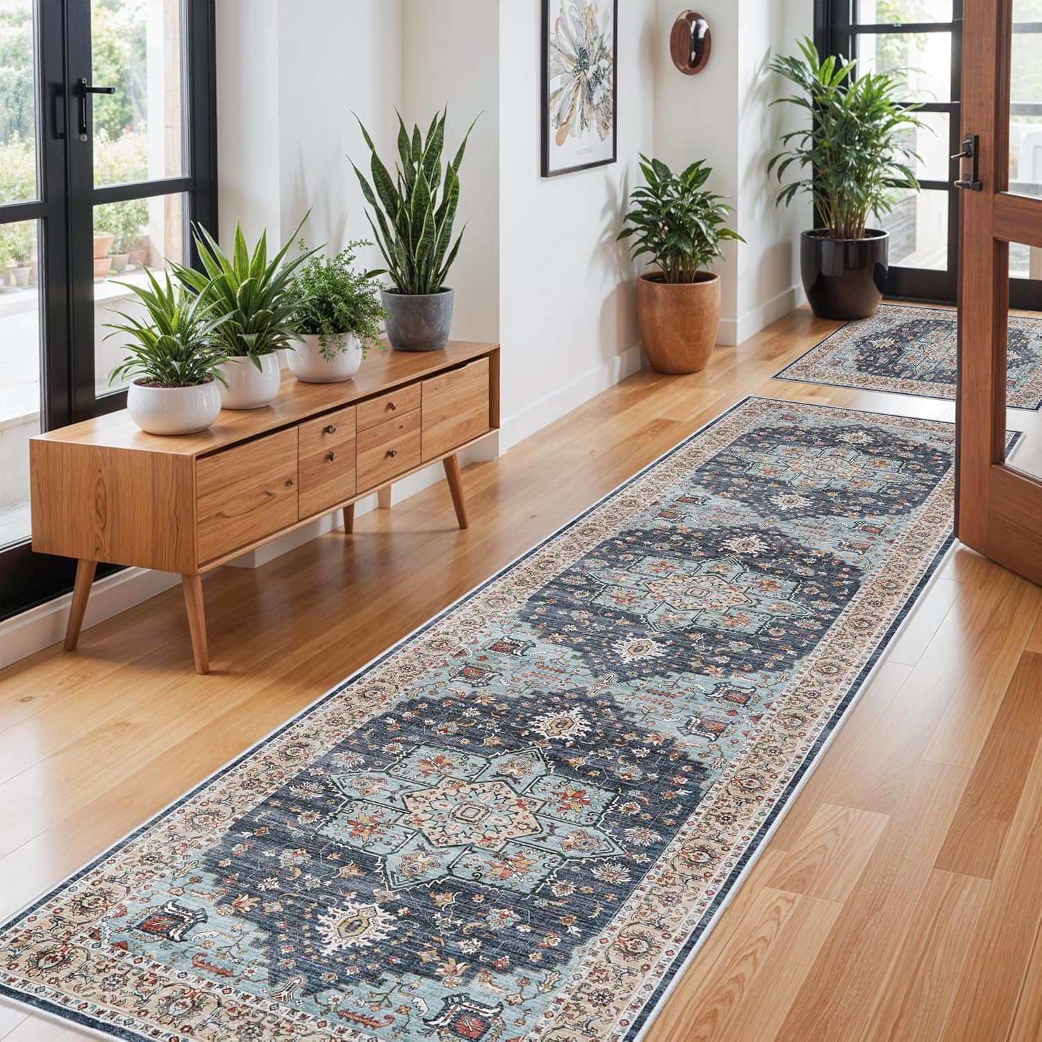 Washable Oriental Area Rug - 9x12 Rugs for Living Room Soft Carpet for Bedroom Waterproof Floral Distressed Indoor Stain Resistant Non-Shedding Floor Carpets (Green, 9x12)