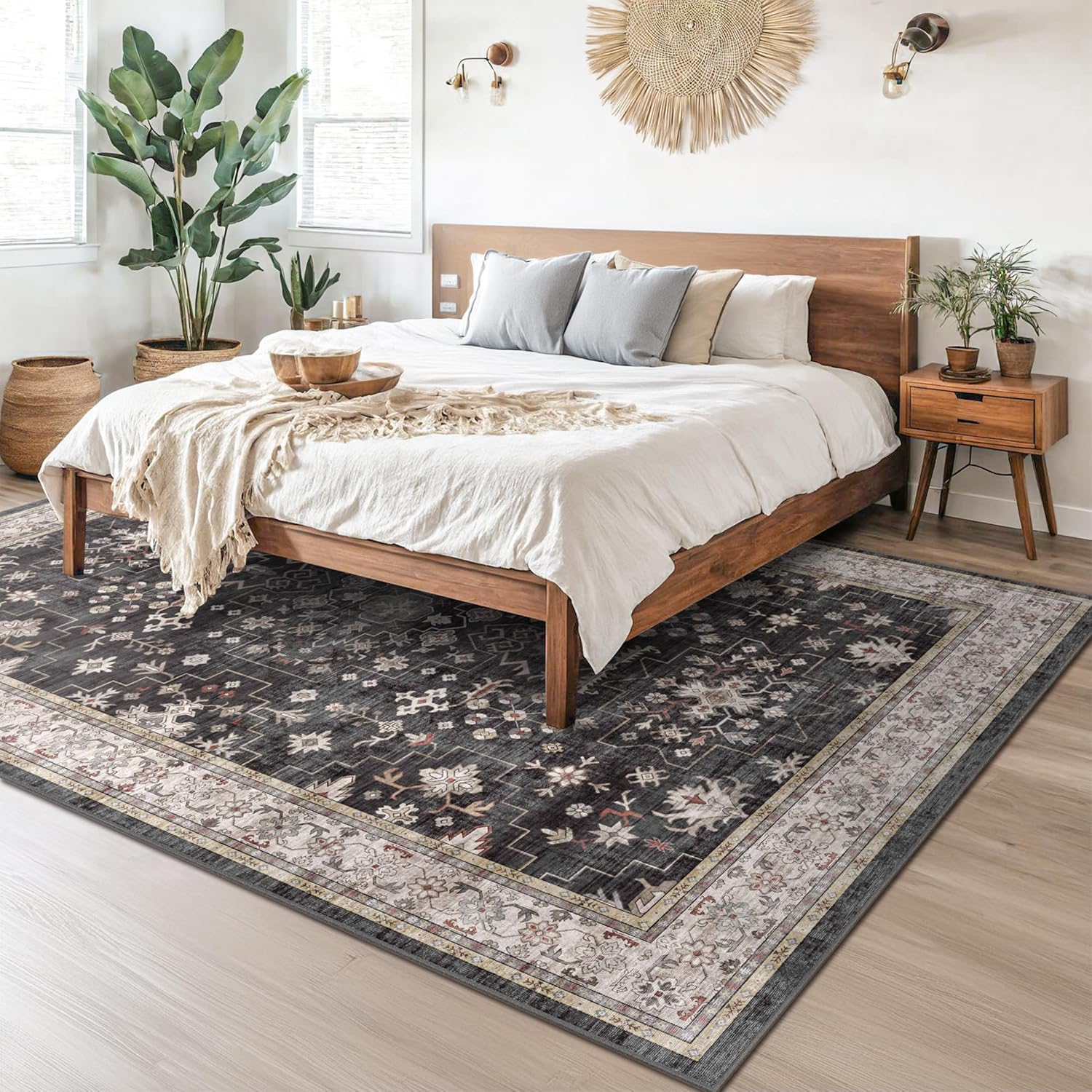 Black Farmhouse Washable 8x10 Area Rugs for Living Room, Bedroom, Dining Room Kitchen Table Rug for Under Table, Office, Dark Charcoal Tumble Stain Resistant Non-Slip Large Washable (8x10 Black/Multi)