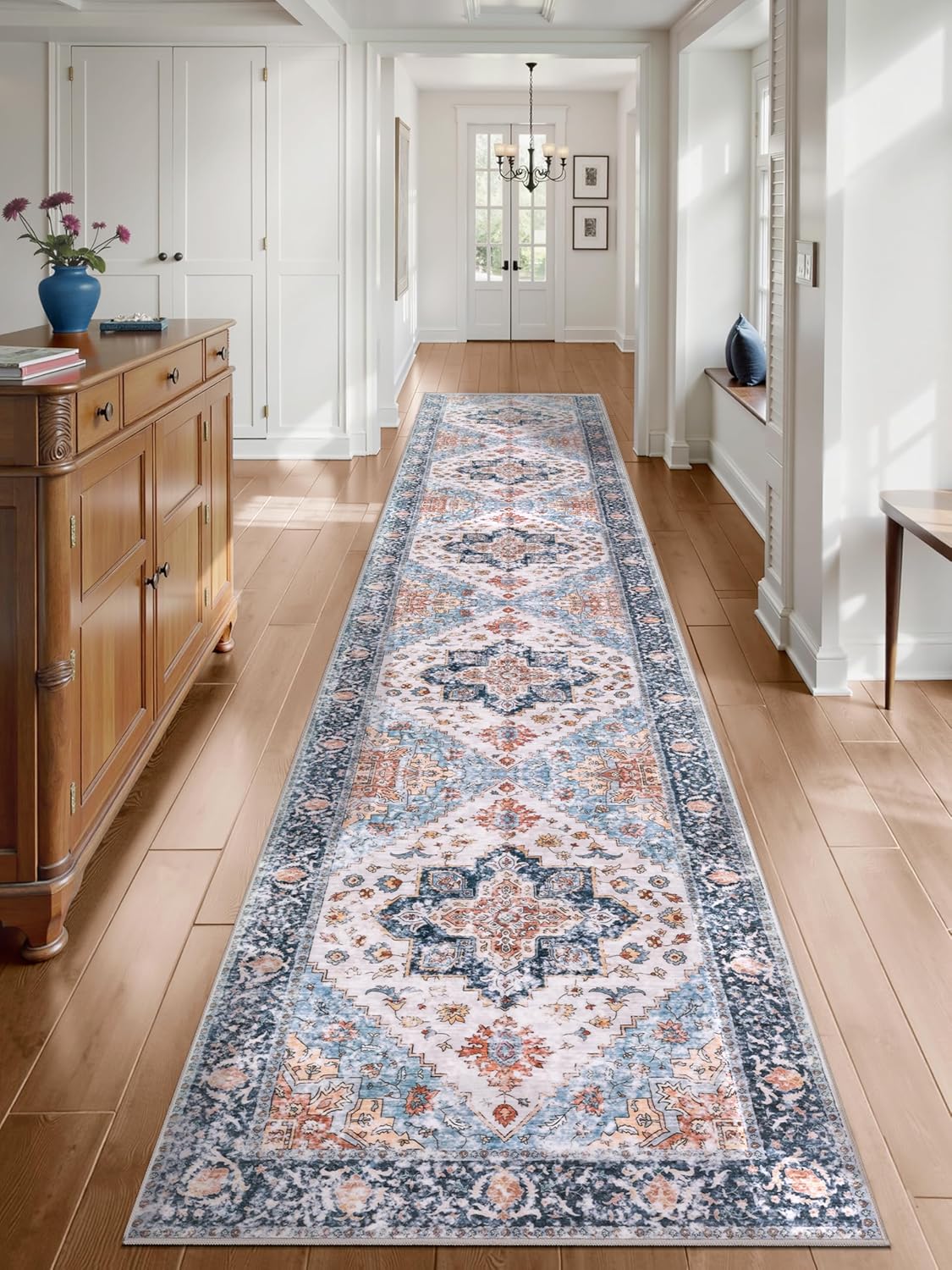 SERISSA Washable Rugs 8x10 Area Rugs, Large Non-Slip Boho Living Room Rust Rug, Ultra Soft Vintage Print Distressed Oriental Tribal Farmhouse Carpet for Dining Room Bedroom Dorm Office Home Decor