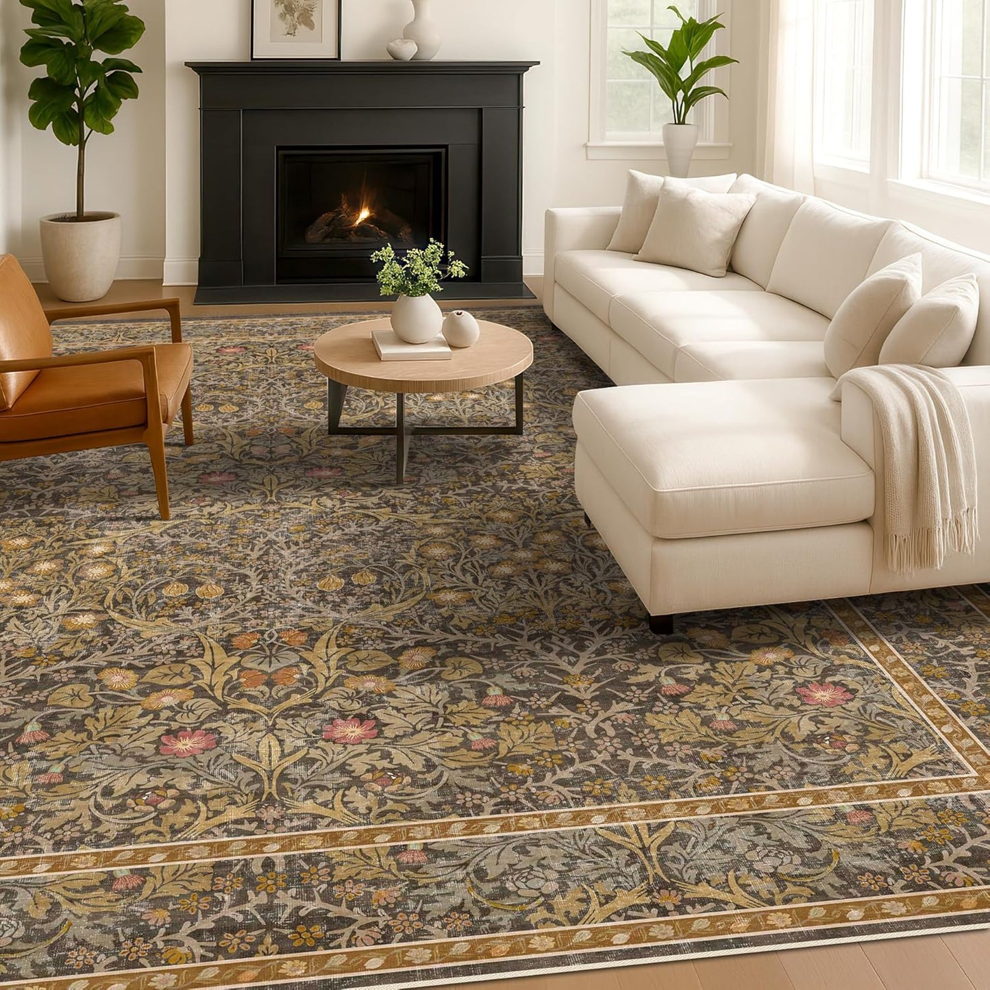 Vintage Dark Green Living Room Rug, 8x10 Washable Area Rugs for Dining Room Under Kitchen Table, Bedroom, Oriental Low Pile Stain Resistant Non-Slip Large Carpet (8x10 Dark Green)