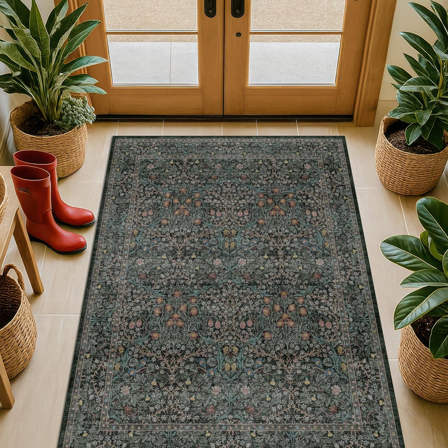 Vintage Dark Green Living Room Rug, 8x10 Washable Area Rugs for Dining Room Under Kitchen Table, Bedroom, Oriental Low Pile Stain Resistant Non-Slip Large Carpet (8x10 Dark Green)