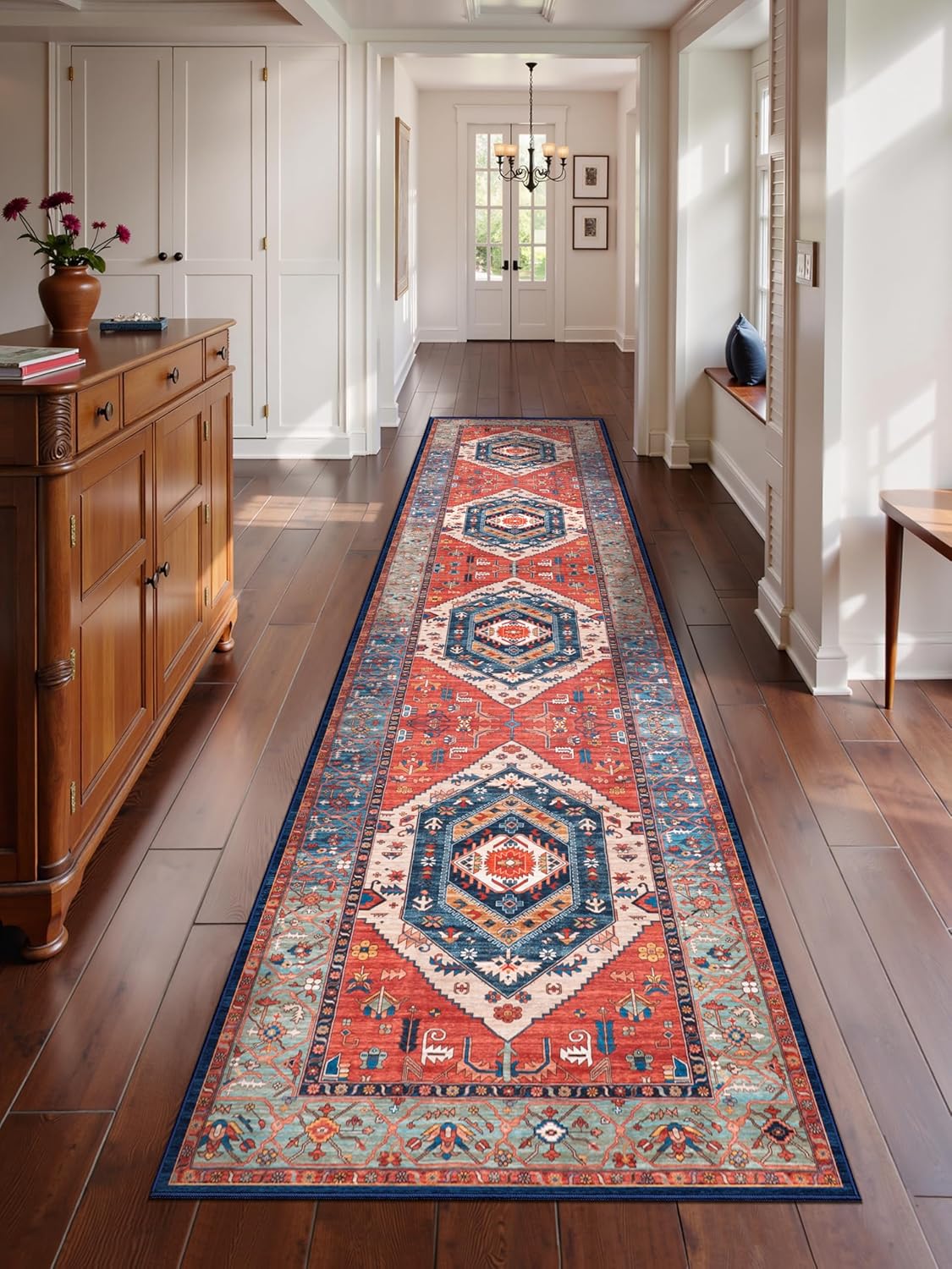 SERISSA Washable Rugs 8x10 Area Rugs, Large Non-Slip Boho Living Room Rust Rug, Ultra Soft Vintage Print Distressed Oriental Tribal Farmhouse Carpet for Dining Room Bedroom Dorm Office Home Decor