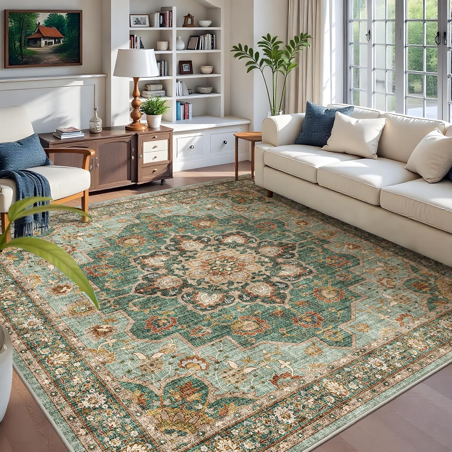 Washable Oriental Area Rug - 9x12 Rugs for Living Room Soft Carpet for Bedroom Waterproof Floral Distressed Indoor Stain Resistant Non-Shedding Floor Carpets (Green, 9x12)