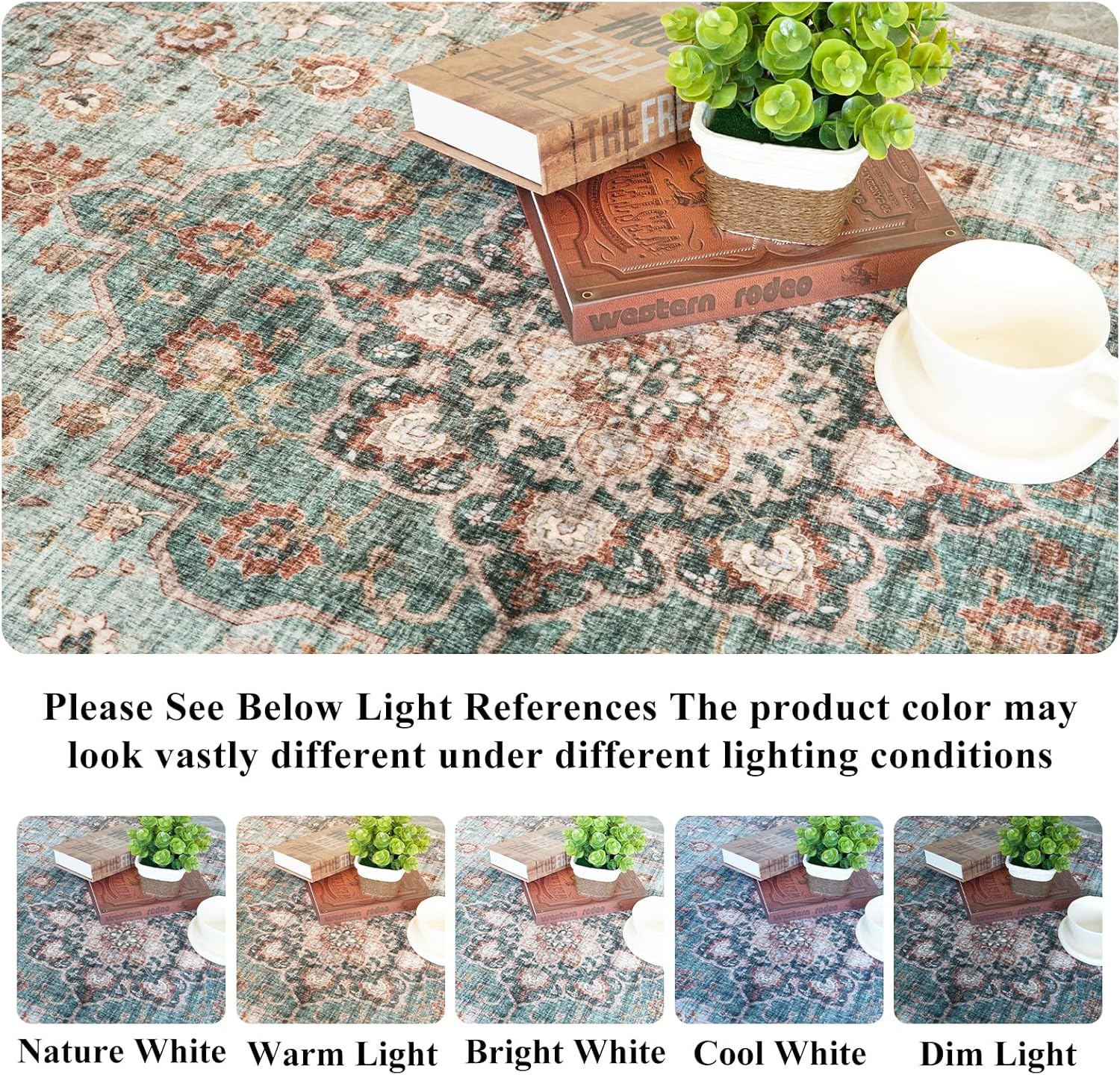 Washable Oriental Area Rug - 9x12 Rugs for Living Room Soft Carpet for Bedroom Waterproof Floral Distressed Indoor Stain Resistant Non-Shedding Floor Carpets (Green, 9x12)