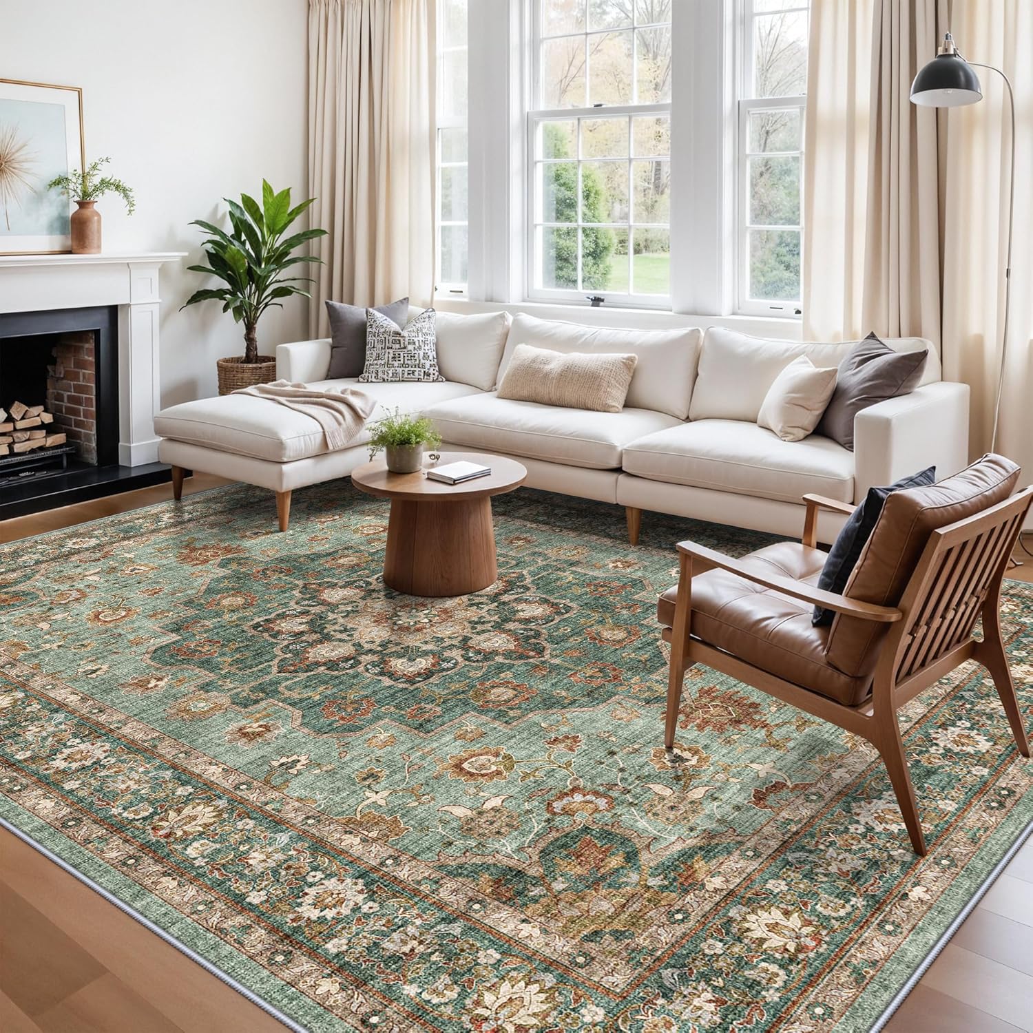 Washable Oriental Area Rug - 9x12 Rugs for Living Room Soft Carpet for Bedroom Waterproof Floral Distressed Indoor Stain Resistant Non-Shedding Floor Carpets (Green, 9x12)