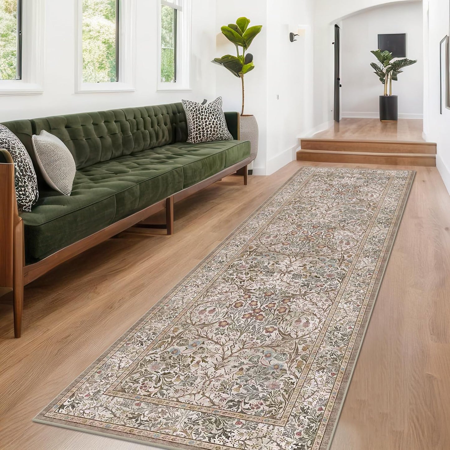 Vintage Dark Green Living Room Rug, 8x10 Washable Area Rugs for Dining Room Under Kitchen Table, Bedroom, Oriental Low Pile Stain Resistant Non-Slip Large Carpet (8x10 Dark Green)