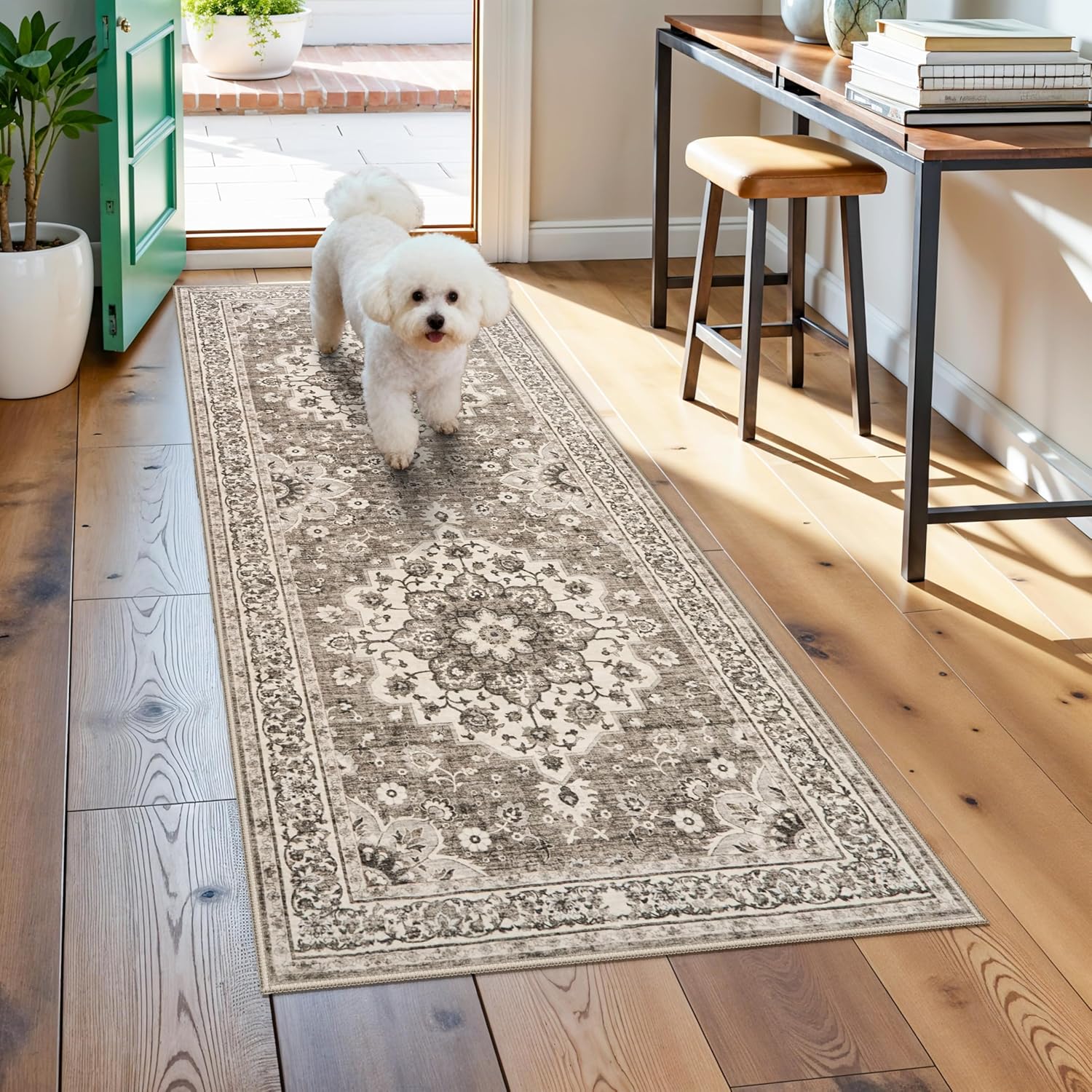 Washable Oriental Area Rug - 9x12 Rugs for Living Room Soft Carpet for Bedroom Waterproof Floral Distressed Indoor Stain Resistant Non-Shedding Floor Carpets (Green, 9x12)