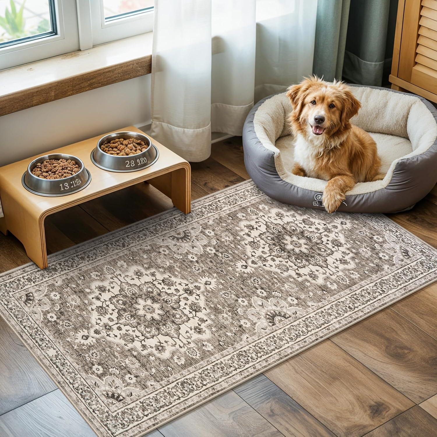 Washable Oriental Area Rug - 9x12 Rugs for Living Room Soft Carpet for Bedroom Waterproof Floral Distressed Indoor Stain Resistant Non-Shedding Floor Carpets (Green, 9x12)