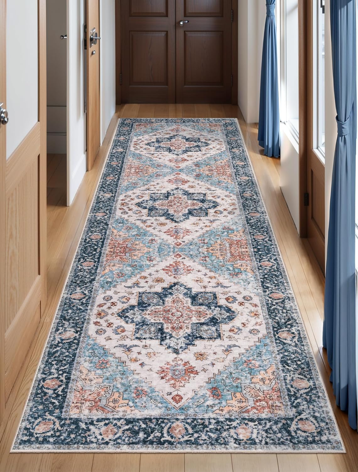 SERISSA Washable Rugs 8x10 Area Rugs, Large Non-Slip Boho Living Room Rust Rug, Ultra Soft Vintage Print Distressed Oriental Tribal Farmhouse Carpet for Dining Room Bedroom Dorm Office Home Decor