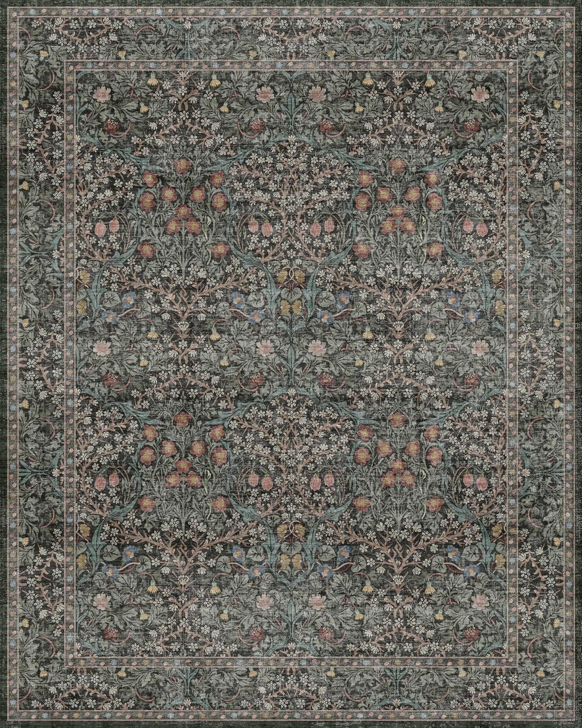 Vintage Dark Green Living Room Rug, 8x10 Washable Area Rugs for Dining Room Under Kitchen Table, Bedroom, Oriental Low Pile Stain Resistant Non-Slip Large Carpet (8x10 Dark Green)