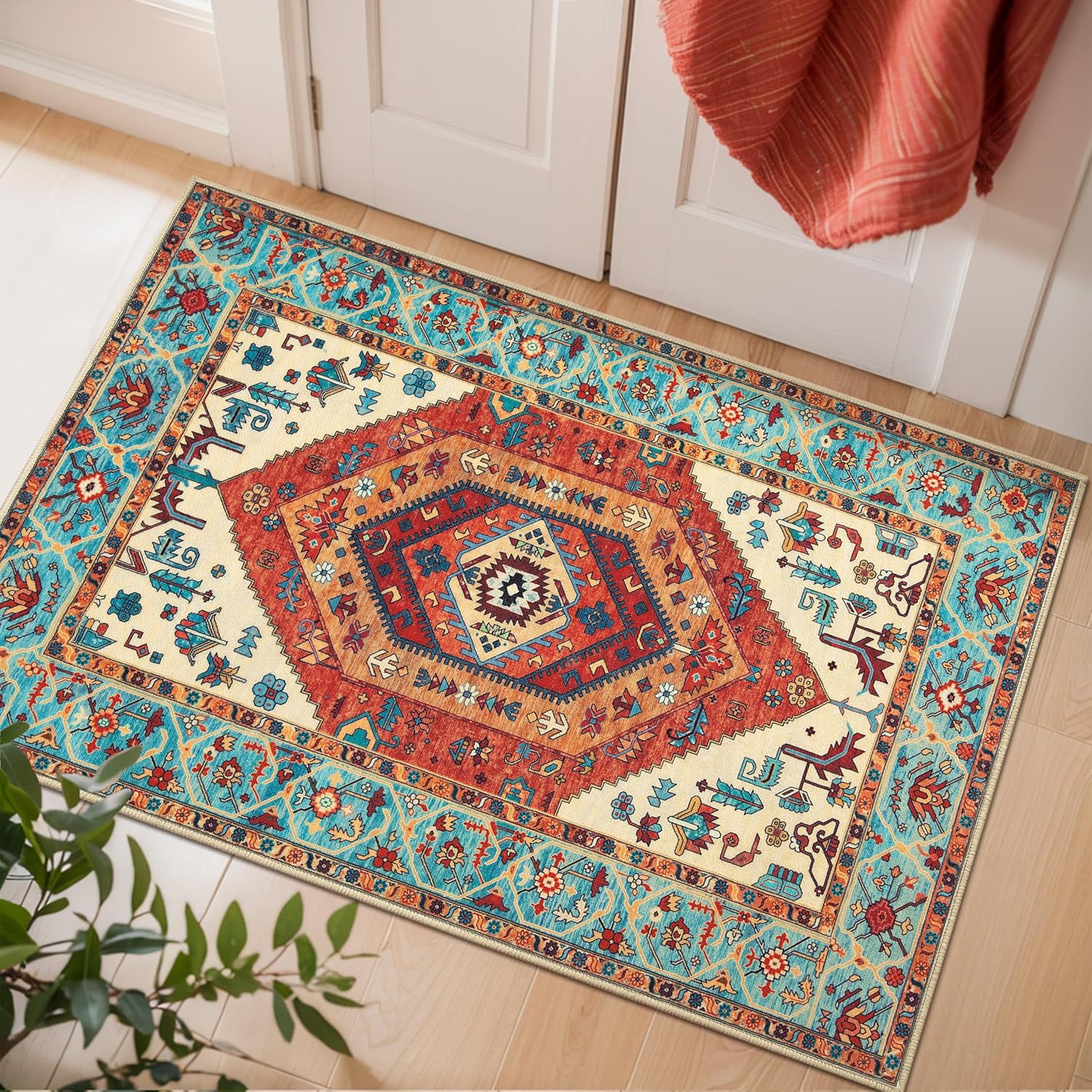 SERISSA Washable Rugs 8x10 Area Rugs, Large Non-Slip Boho Living Room Rust Rug, Ultra Soft Vintage Print Distressed Oriental Tribal Farmhouse Carpet for Dining Room Bedroom Dorm Office Home Decor