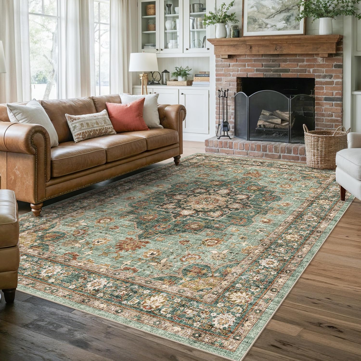 Washable Oriental Area Rug - 9x12 Rugs for Living Room Soft Carpet for Bedroom Waterproof Floral Distressed Indoor Stain Resistant Non-Shedding Floor Carpets (Green, 9x12)