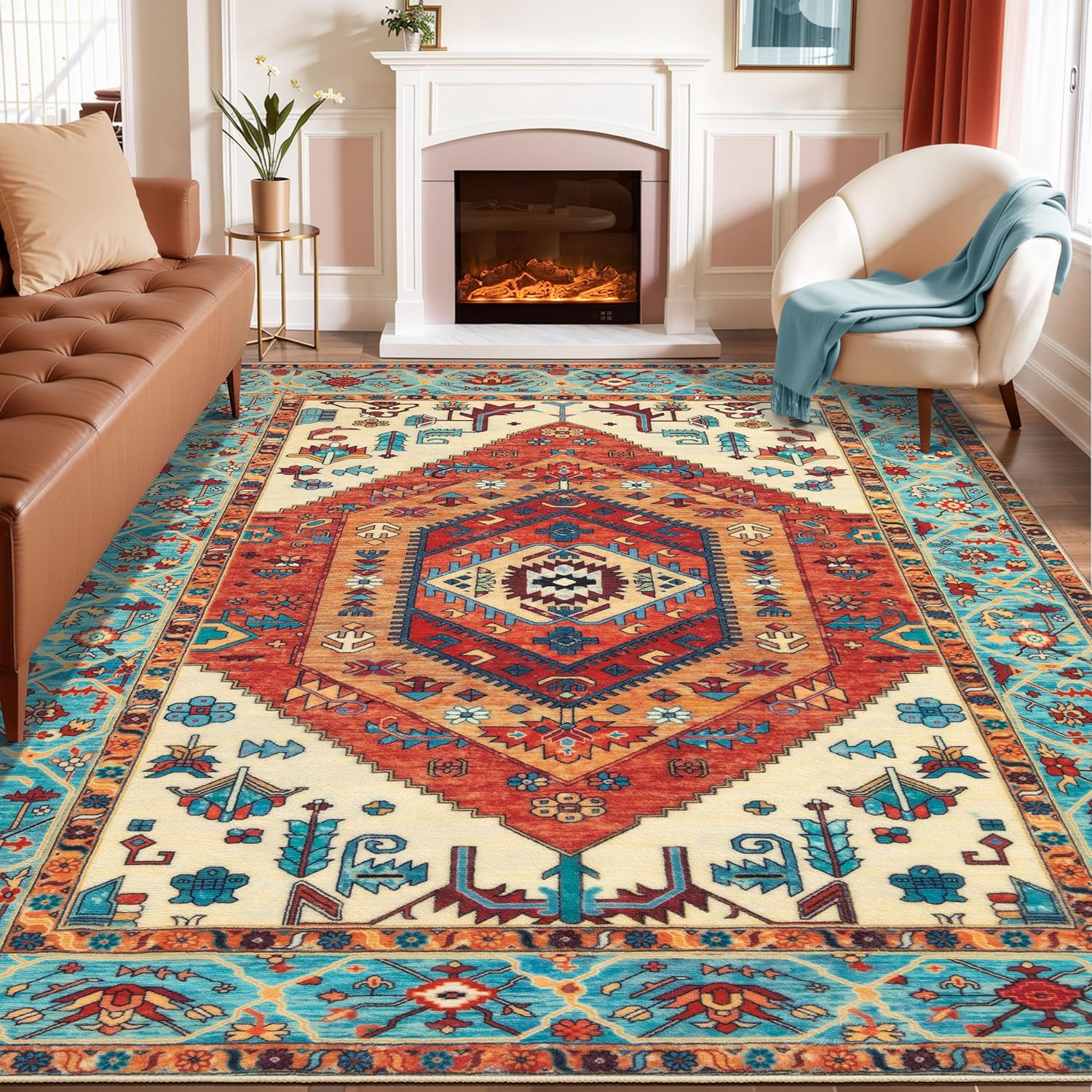 SERISSA Washable Rugs 8x10 Area Rugs, Large Non-Slip Boho Living Room Rust Rug, Ultra Soft Vintage Print Distressed Oriental Tribal Farmhouse Carpet for Dining Room Bedroom Dorm Office Home Decor