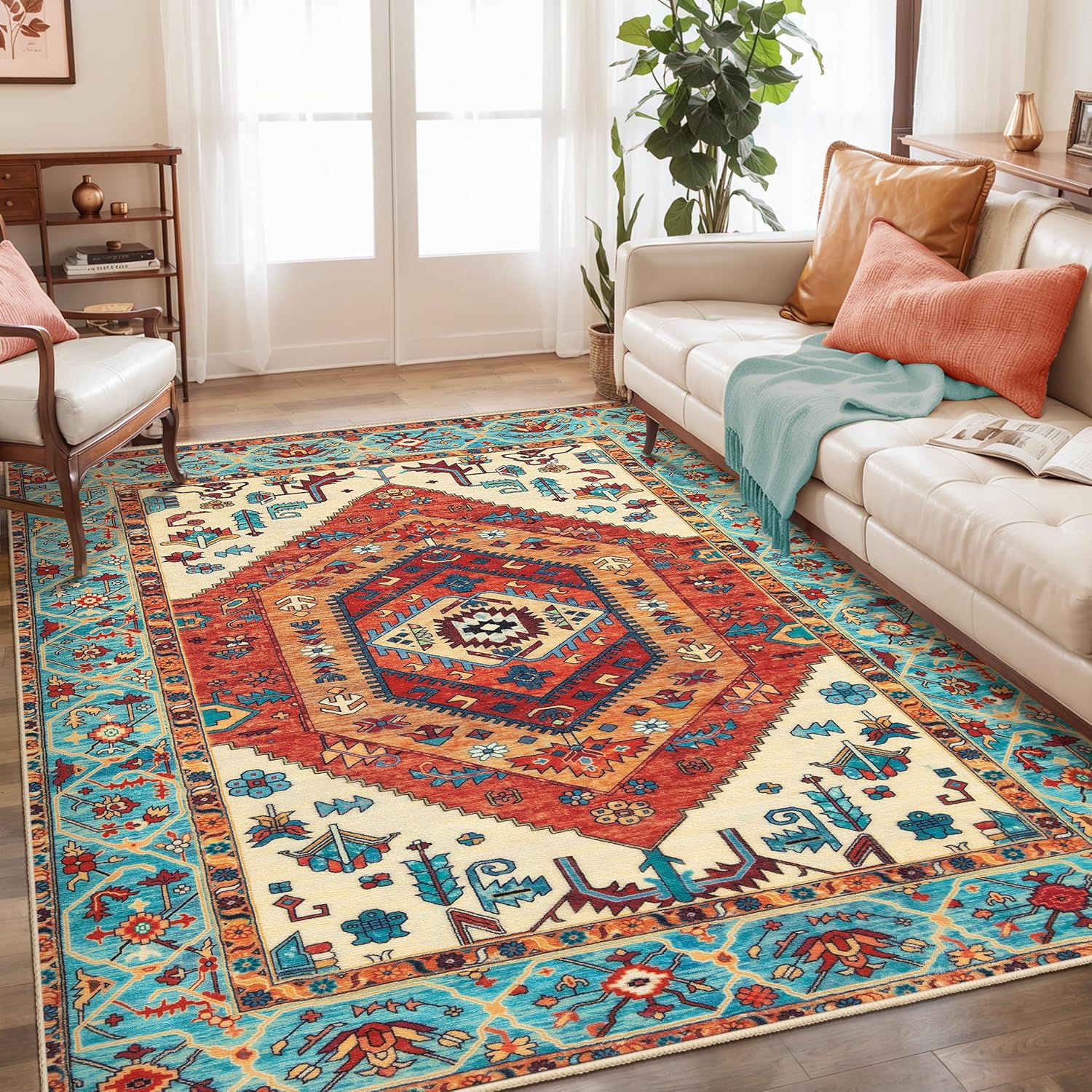 SERISSA Washable Rugs 8x10 Area Rugs, Large Non-Slip Boho Living Room Rust Rug, Ultra Soft Vintage Print Distressed Oriental Tribal Farmhouse Carpet for Dining Room Bedroom Dorm Office Home Decor