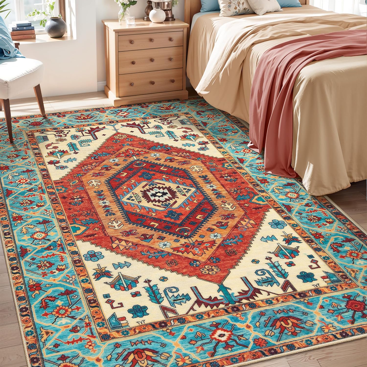 SERISSA Washable Rugs 8x10 Area Rugs, Large Non-Slip Boho Living Room Rust Rug, Ultra Soft Vintage Print Distressed Oriental Tribal Farmhouse Carpet for Dining Room Bedroom Dorm Office Home Decor